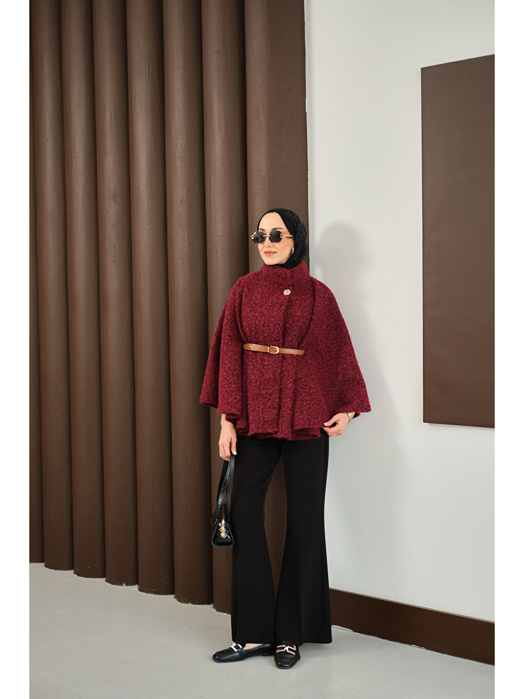 Kadın Kemer Detaylı Panço Bordo-2