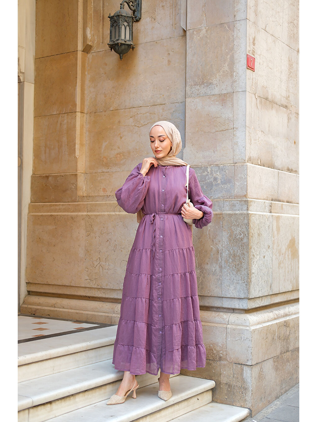 Kadın Astarlı Tül Elbise Mürdüm-3