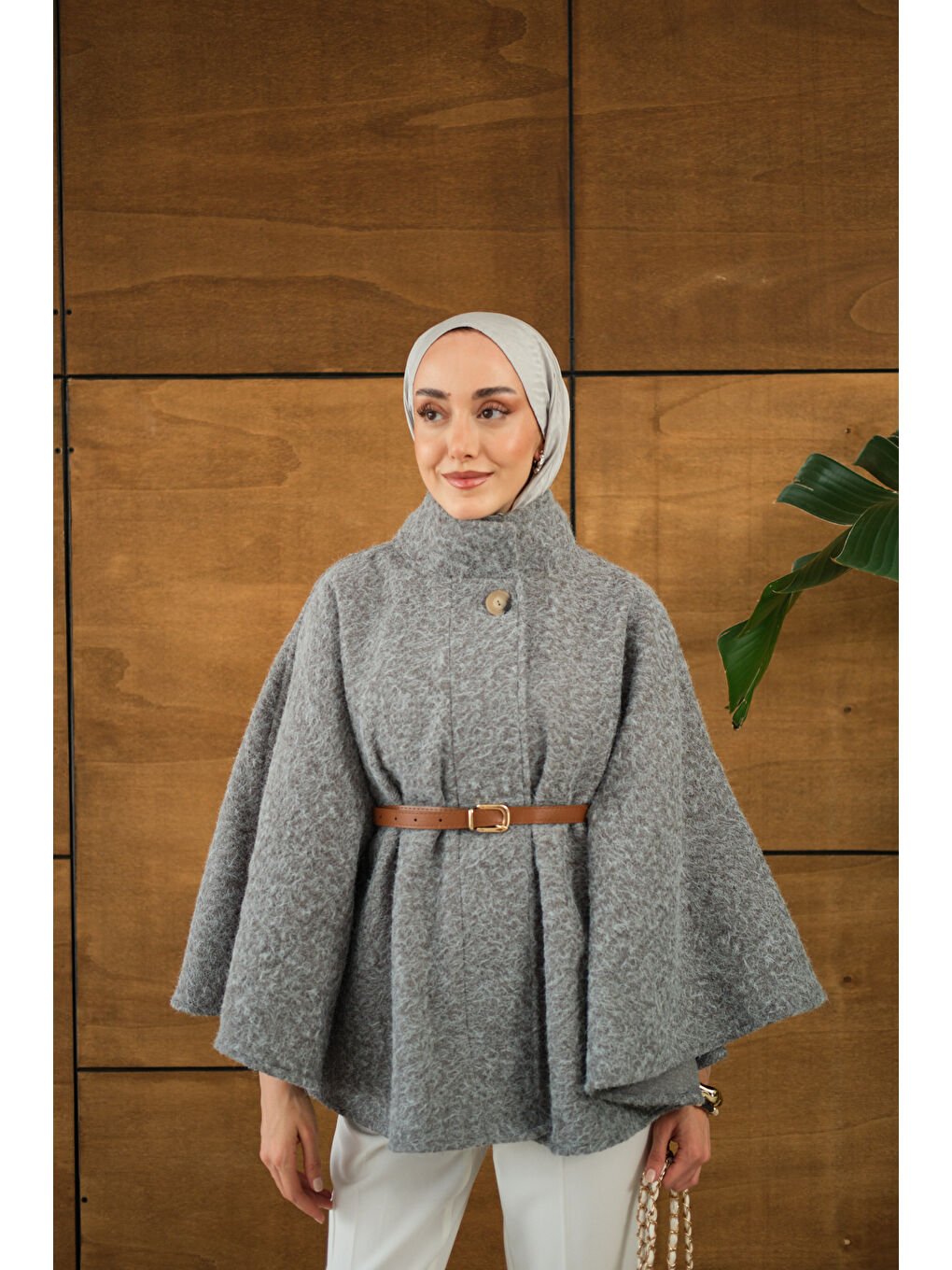 Kadın Kemer Detaylı Panço Gri-1
