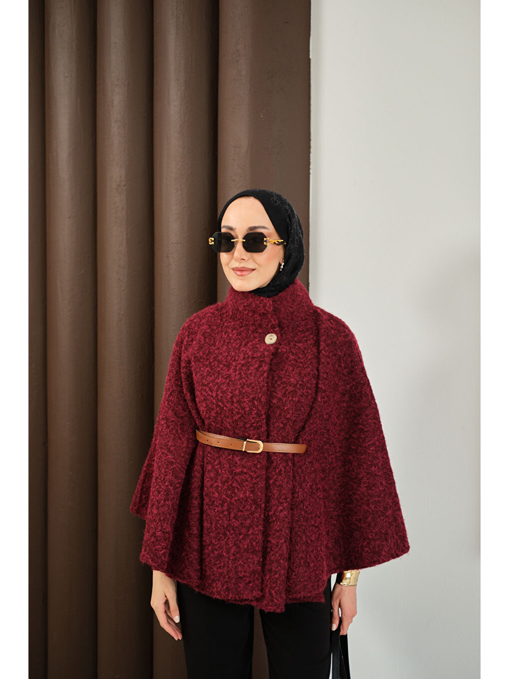 Kadın Kemer Detaylı Panço Bordo-3