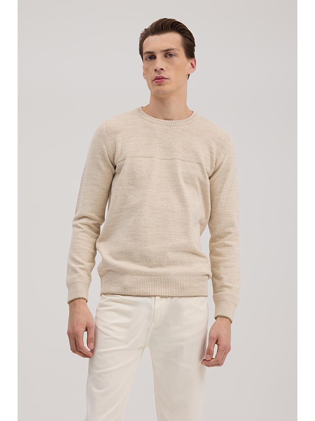 Bej Slim Fit Bisiklet Yaka Triko