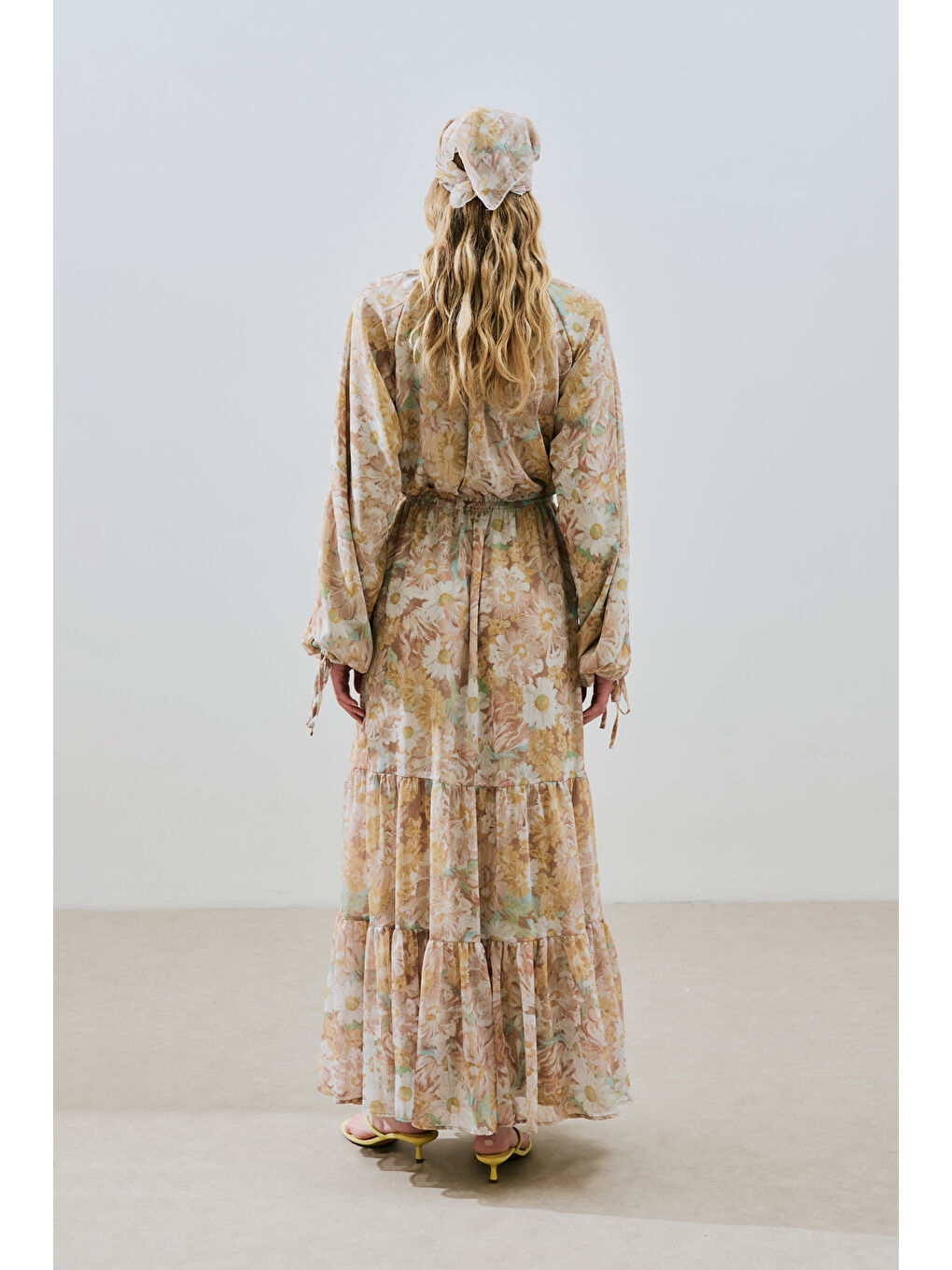 Turuncu Uzun Büzgülü Şifon Elbise Blossoms-5