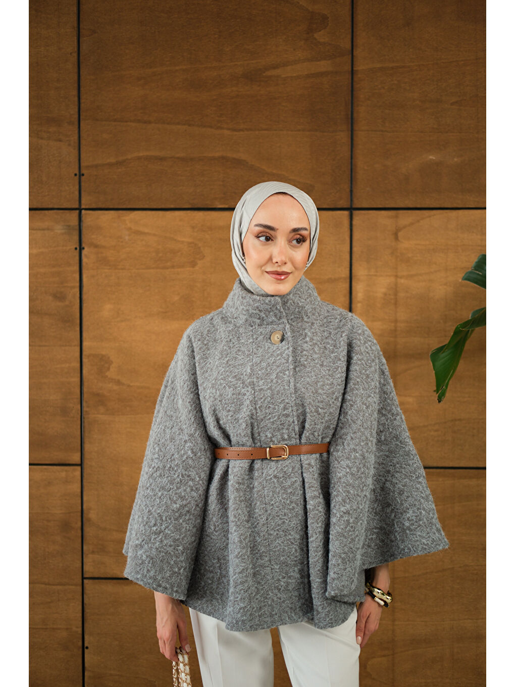 Kadın Kemer Detaylı Panço Gri-2