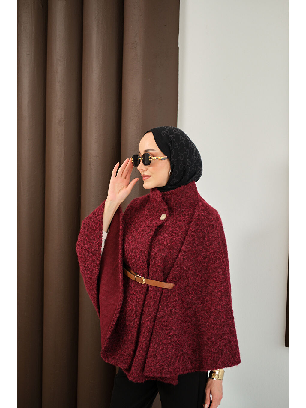 Kadın Kemer Detaylı Panço Bordo-4