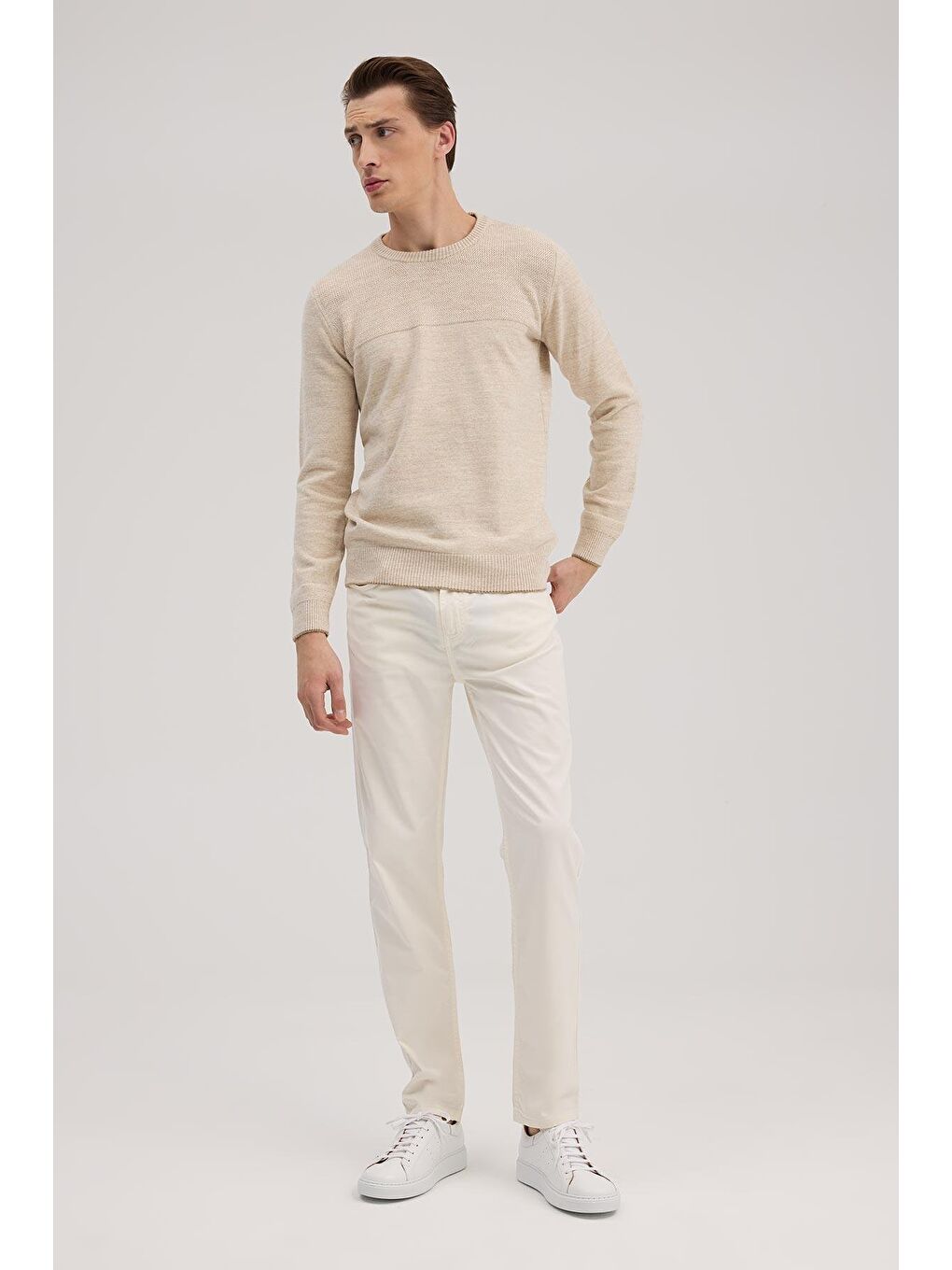 Bej Slim Fit Bisiklet Yaka Triko-1