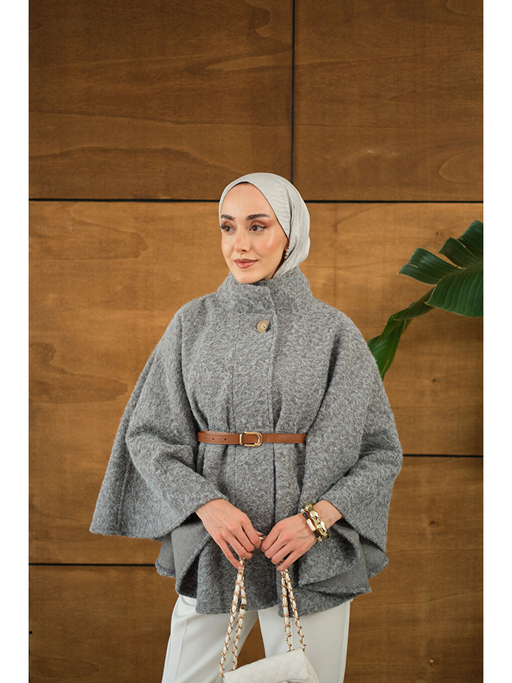 Kadın Kemer Detaylı Panço Gri-3