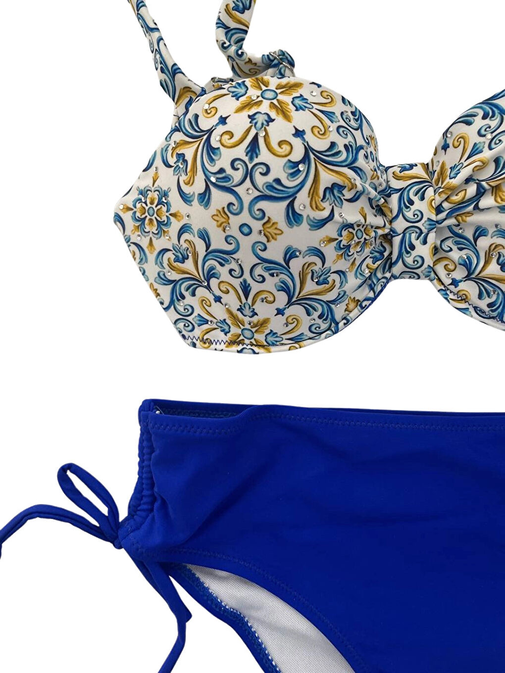 Kadın Mavi Beyaz Desenli Taş İşlemeli Astarlı Bikini Takım HZL25S-LC3309-1