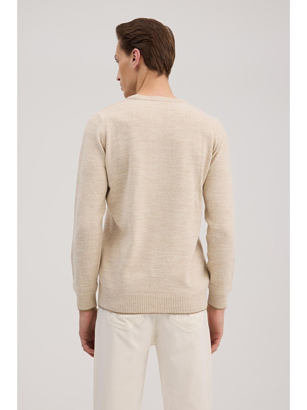 Bej Slim Fit Bisiklet Yaka Triko-3