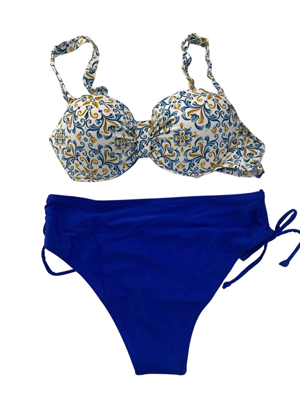 Kadın Mavi Beyaz Desenli Taş İşlemeli Astarlı Bikini Takım HZL25S-LC3309-2