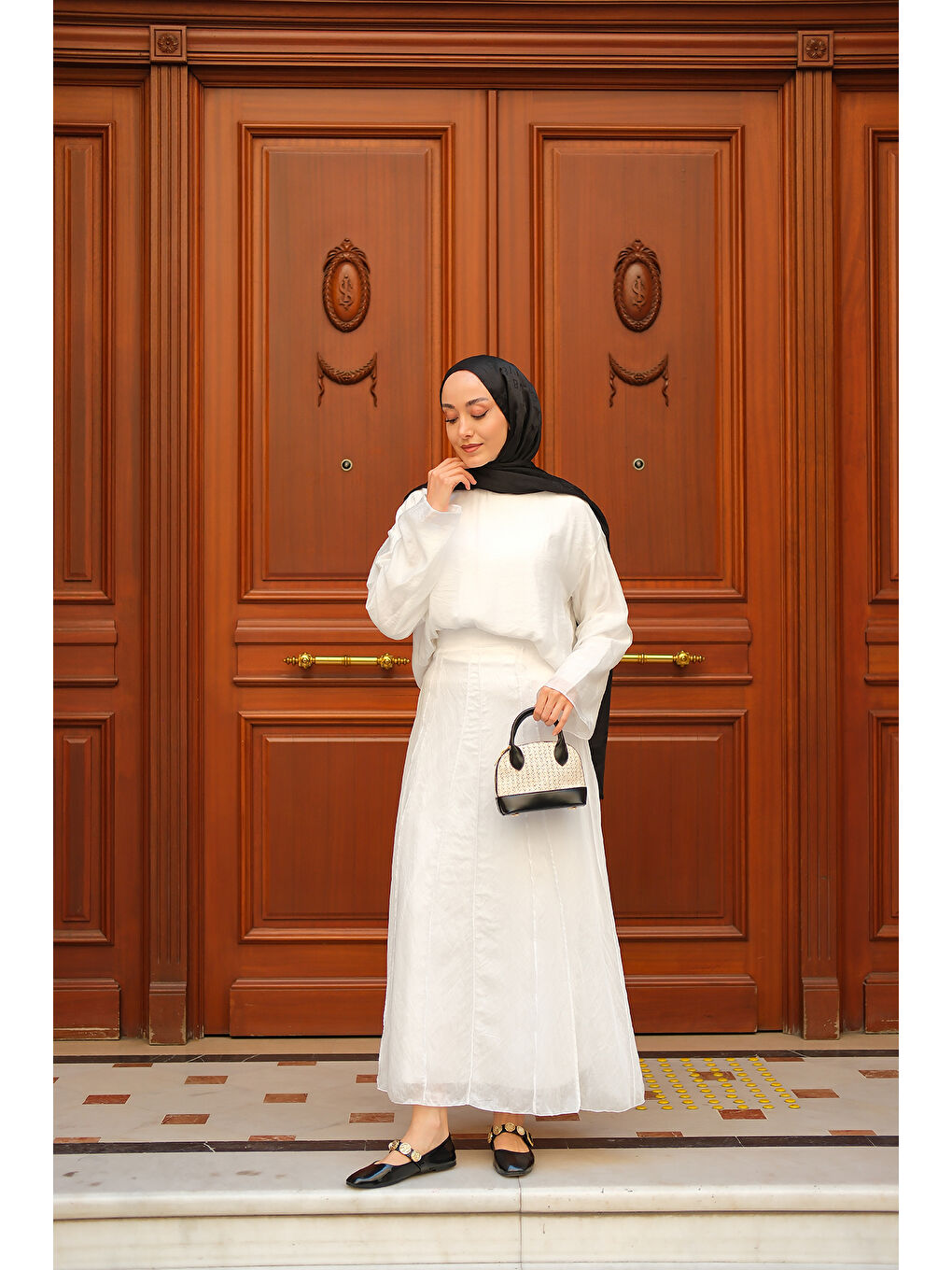 Kadın Kendinden Desenli İkili Takım Beyaz-1