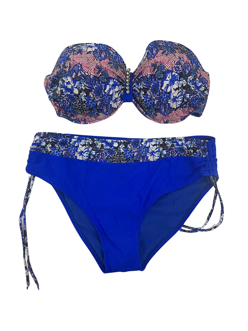 Kadın Mavi Çiçek Desenli Büyük Beden Astarlı Lacivert Bikini Takım HZL25S-LC3301-1