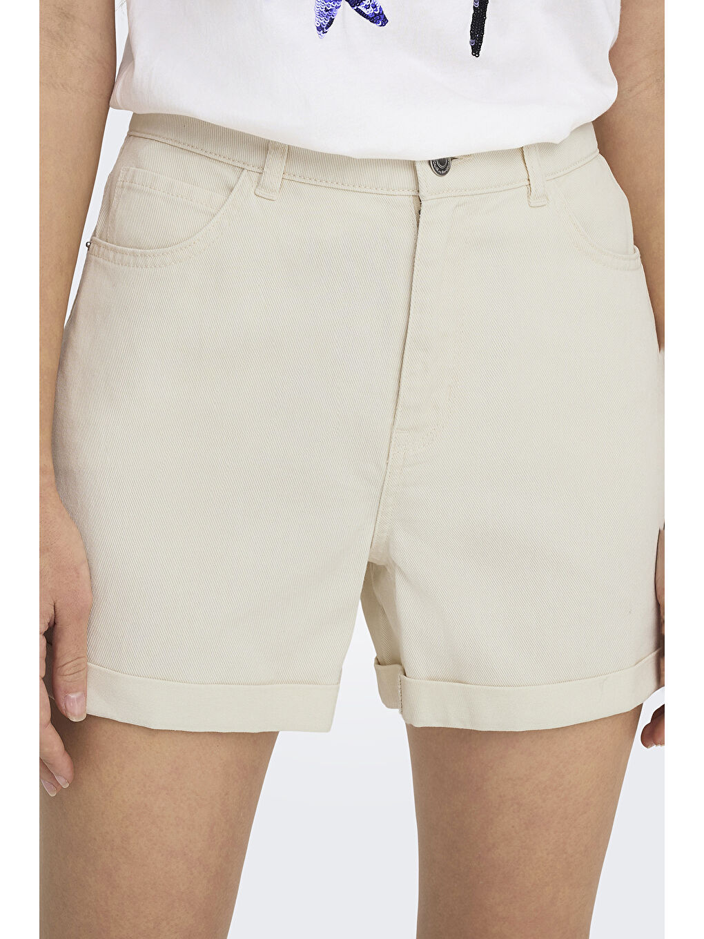 Ekru Onlvega % 100 Pamuk Regular Fit Yüksek Bel Mini Kadın Jean Short 15230571-3