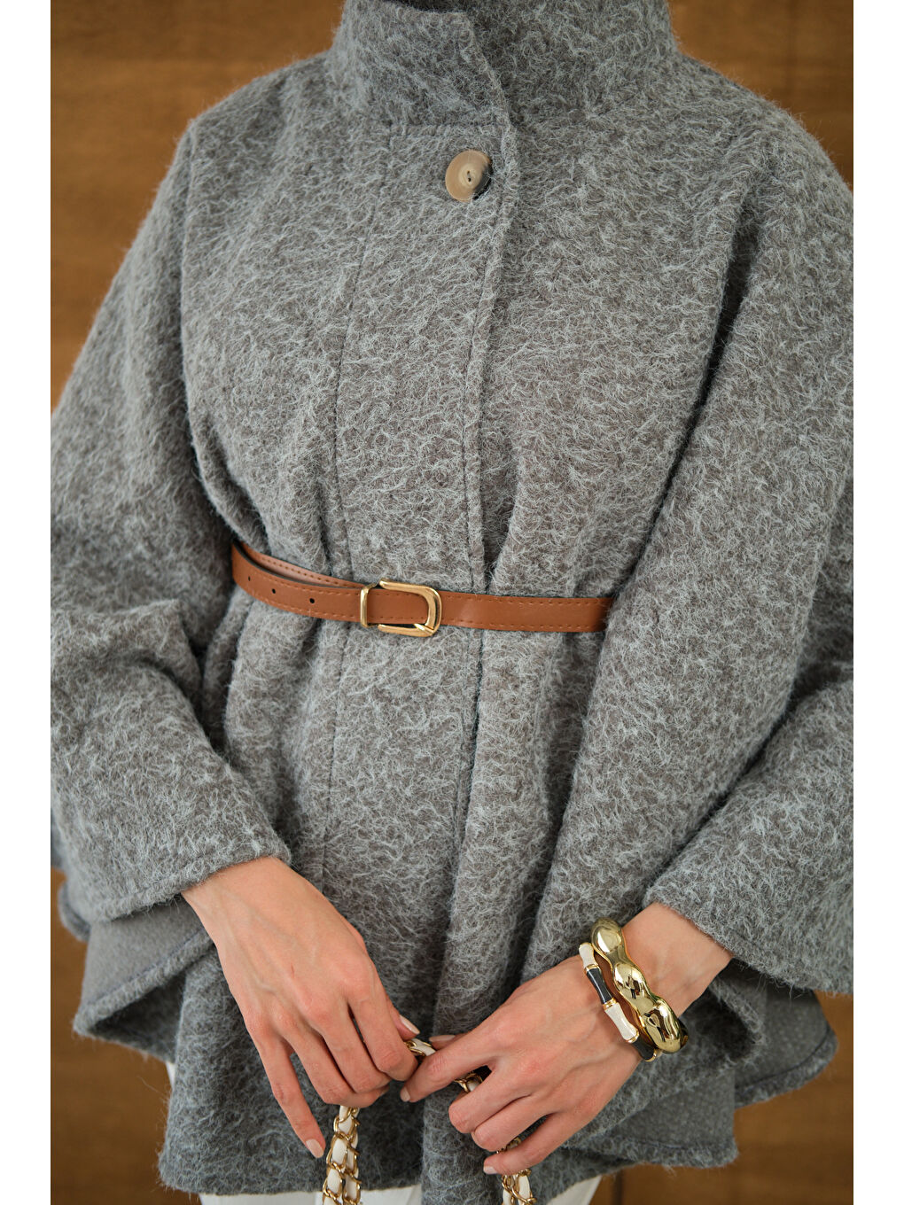 Kadın Kemer Detaylı Panço Gri-4