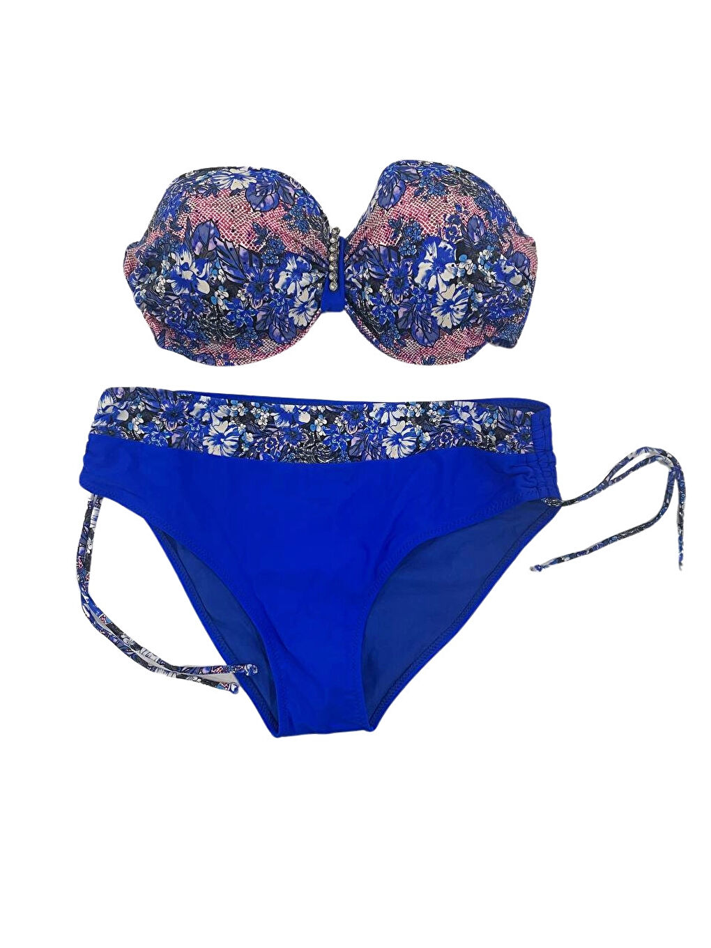 Kadın Mavi Çiçek Desenli Büyük Beden Astarlı Lacivert Bikini Takım HZL25S-LC3301-3
