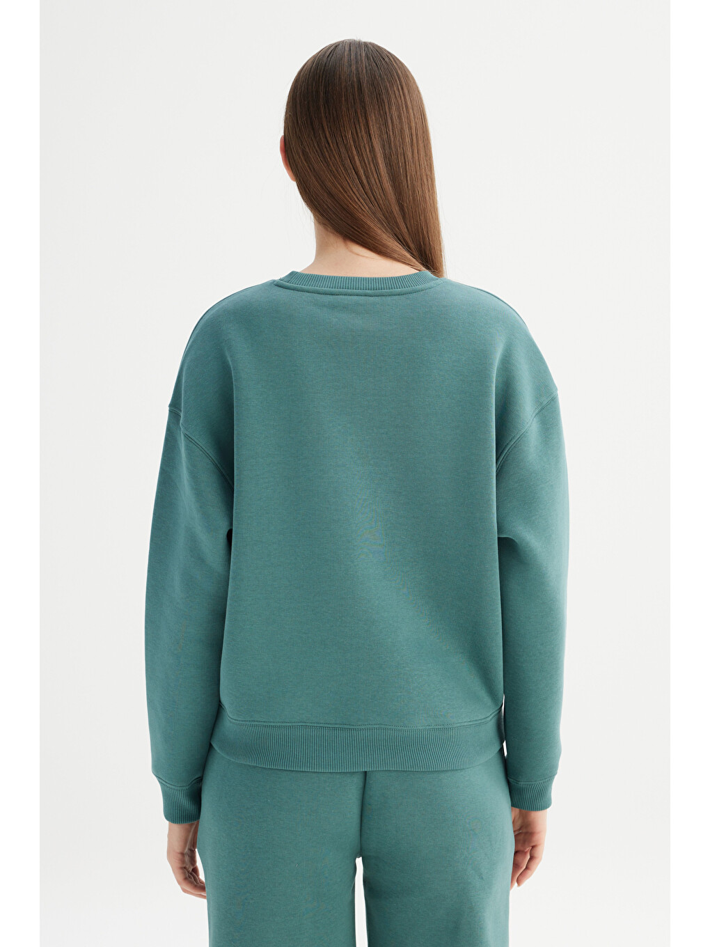 Relaxed Fit Geniş Kesim Bisiklet Yaka İçi Polarlı Yeşil Sweatshirt-5