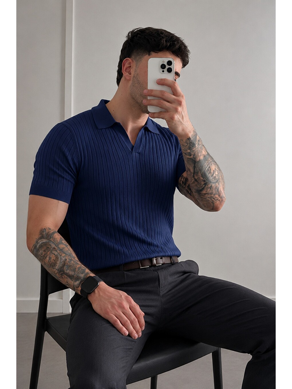 Lacivert Premium Fitilli Triko Polo Yaka Erkek Old Money T-Shirt-1