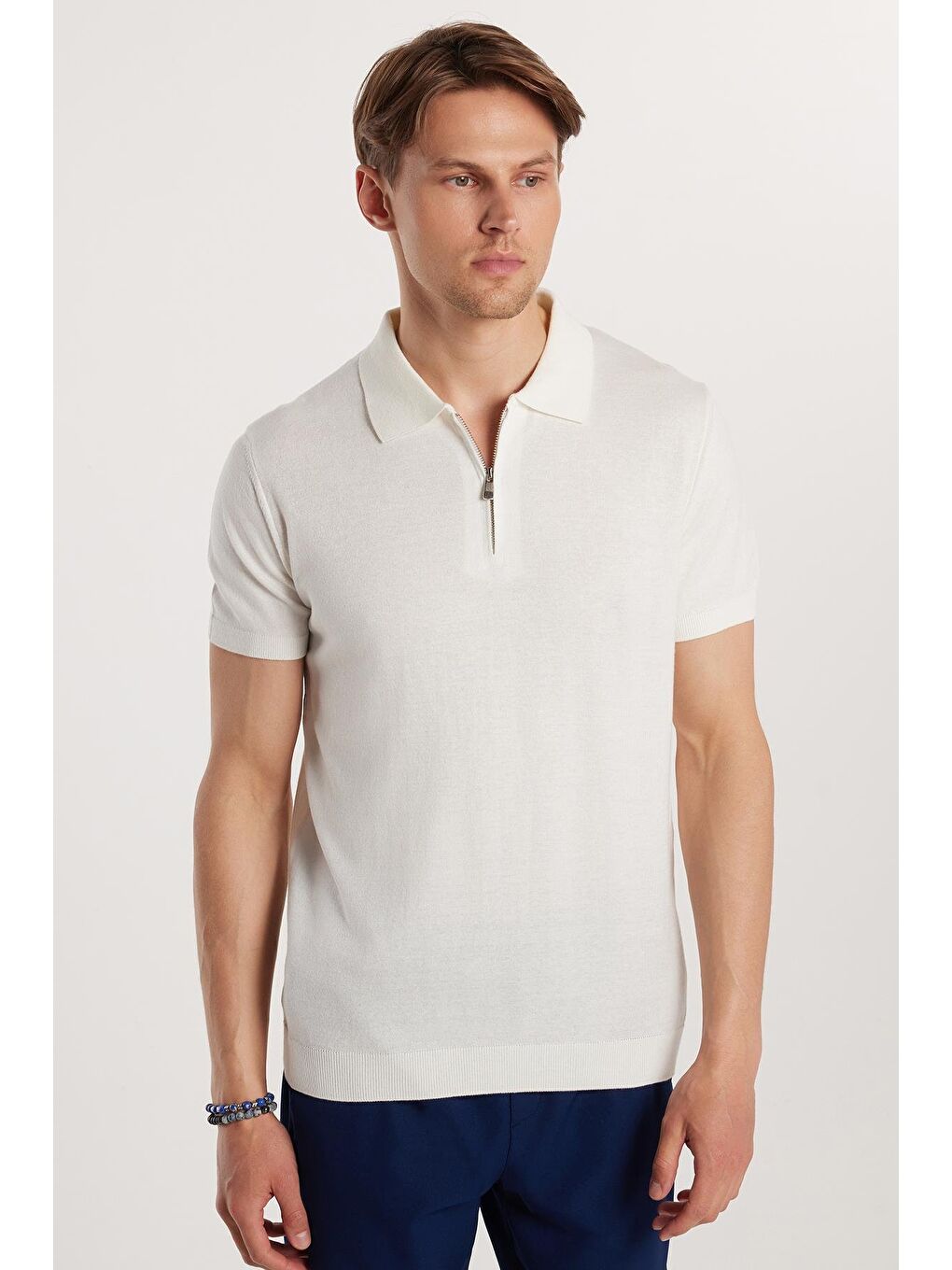 Erkek Slim Fit Dar Kesim Pamuklu Örme Triko Fermuarlı Beyaz Polo Yaka Tişört-1
