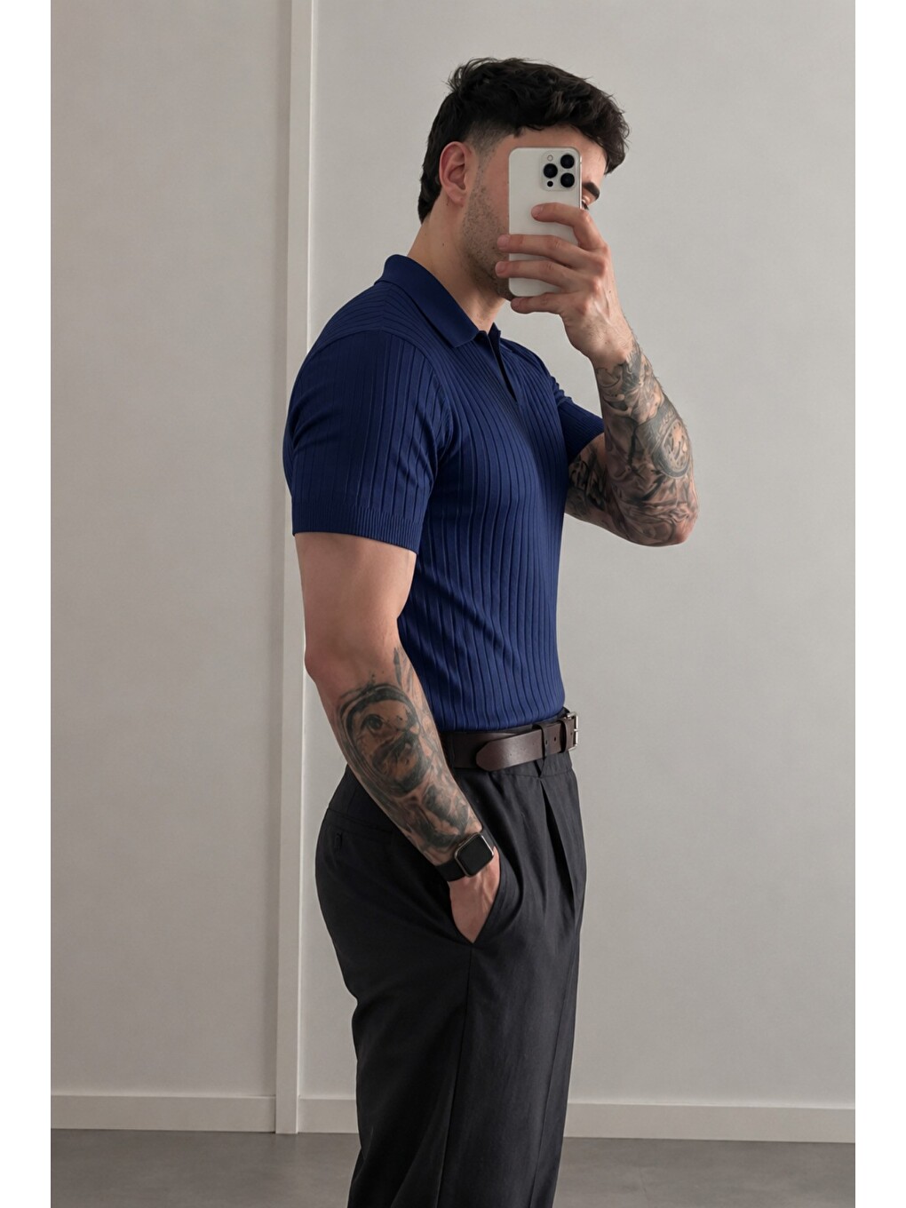 Lacivert Premium Fitilli Triko Polo Yaka Erkek Old Money T-Shirt-2