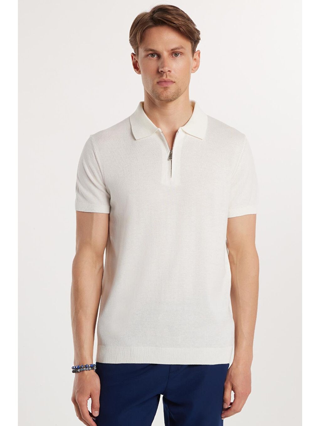 Erkek Slim Fit Dar Kesim Pamuklu Örme Triko Fermuarlı Beyaz Polo Yaka Tişört-3