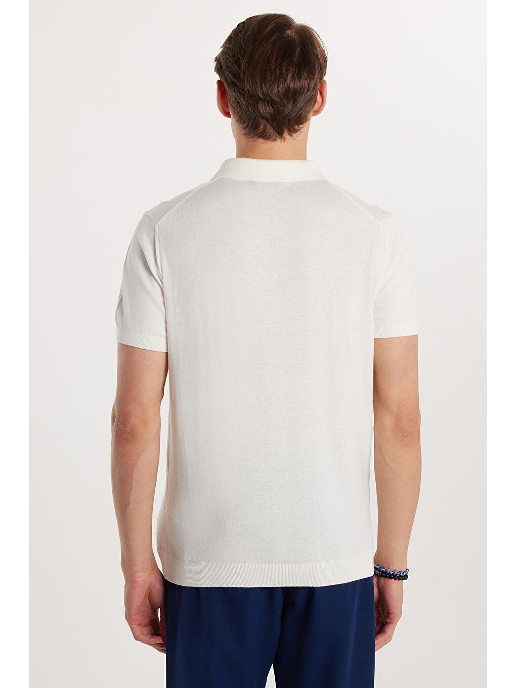 Erkek Slim Fit Dar Kesim Pamuklu Örme Triko Fermuarlı Beyaz Polo Yaka Tişört-4