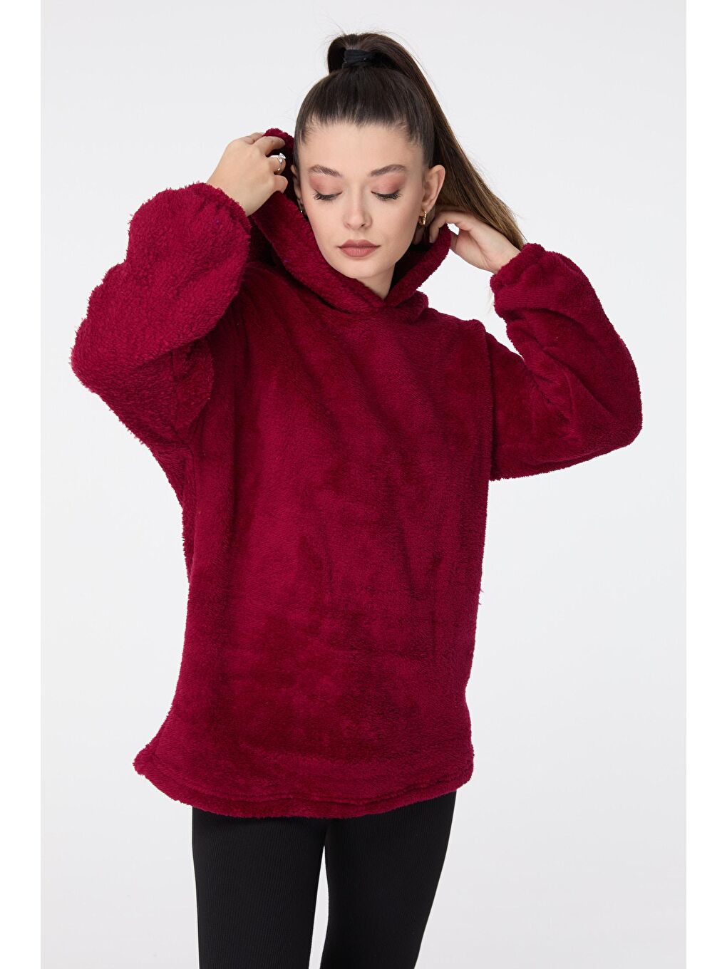 TOFİSA Düz Kapşonlu Yaka Kadın Bordo Peluş Sweat - 13049 - 2