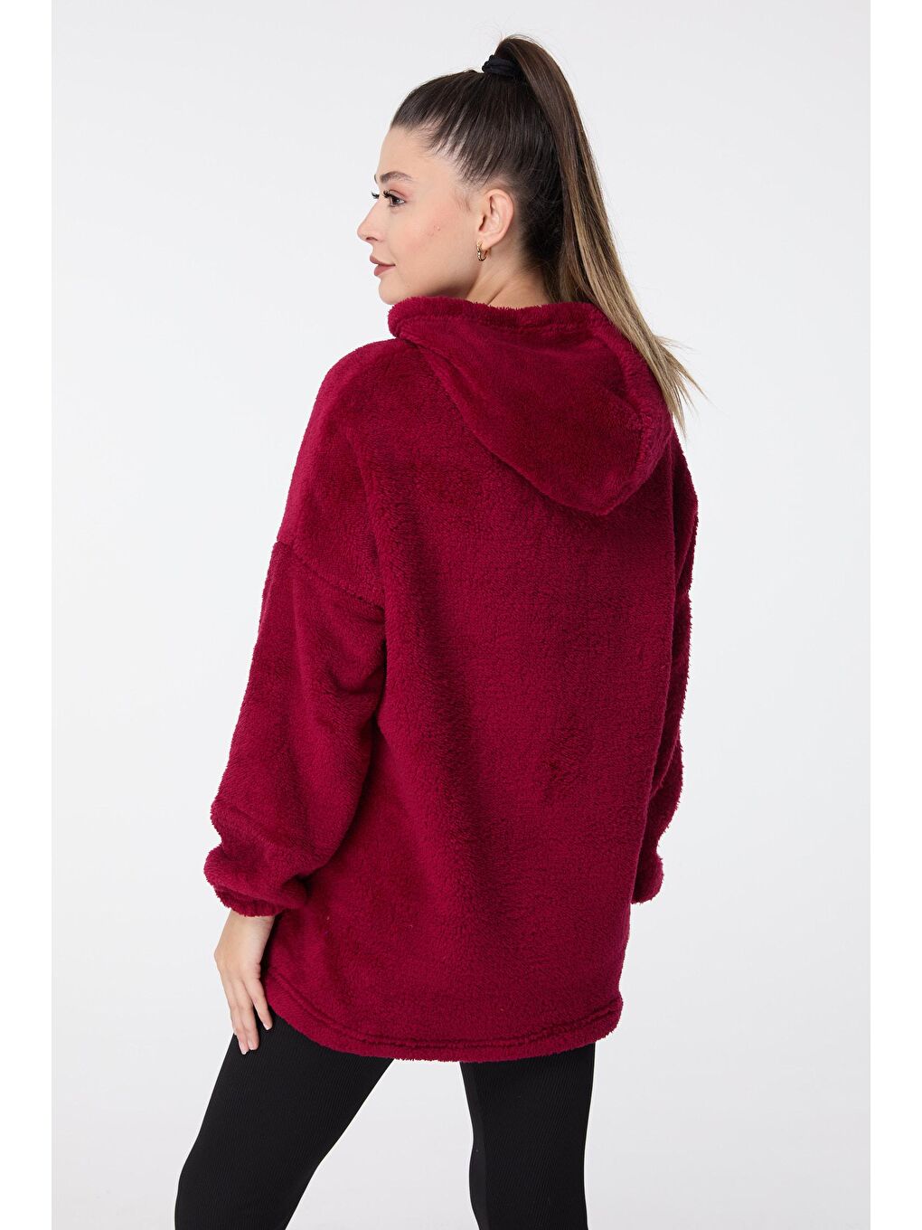 TOFİSA Düz Kapşonlu Yaka Kadın Bordo Peluş Sweat - 13049 - 3