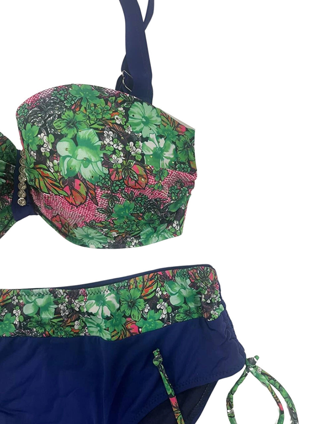 Kadın Yeşil Çiçek Desenli Büyük Beden Astarlı Lacivert Bikini Takım HZL25S-LC3301-1