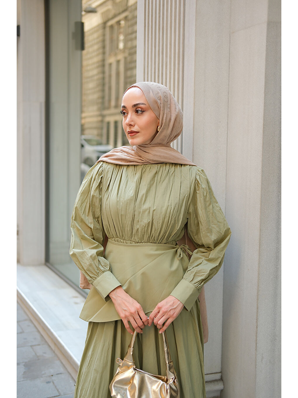 Kadın Kuşaklı Kraş Elbise Küf Yeşil-1