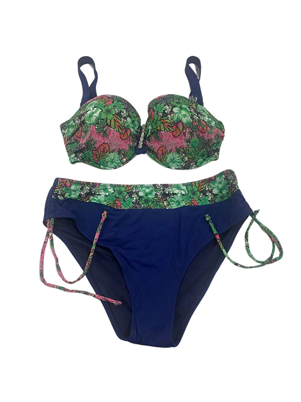 Kadın Yeşil Çiçek Desenli Büyük Beden Astarlı Lacivert Bikini Takım HZL25S-LC3301-3