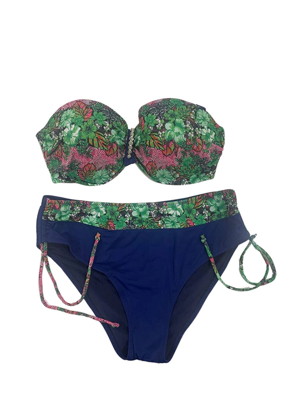 Kadın Yeşil Çiçek Desenli Büyük Beden Astarlı Lacivert Bikini Takım HZL25S-LC3301-4