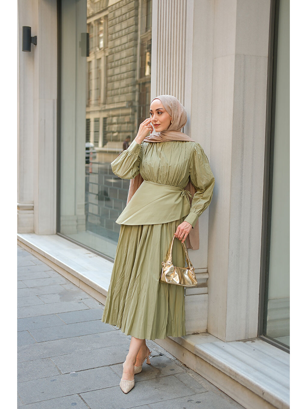 Kadın Kuşaklı Kraş Elbise Küf Yeşil-2