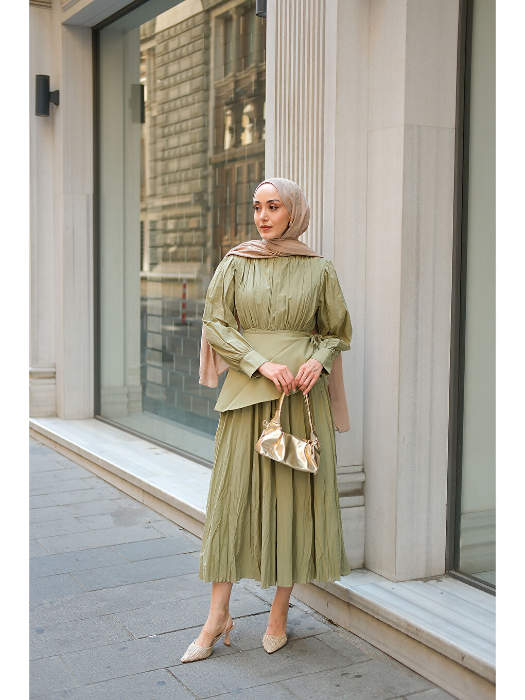 Kadın Kuşaklı Kraş Elbise Küf Yeşil-3