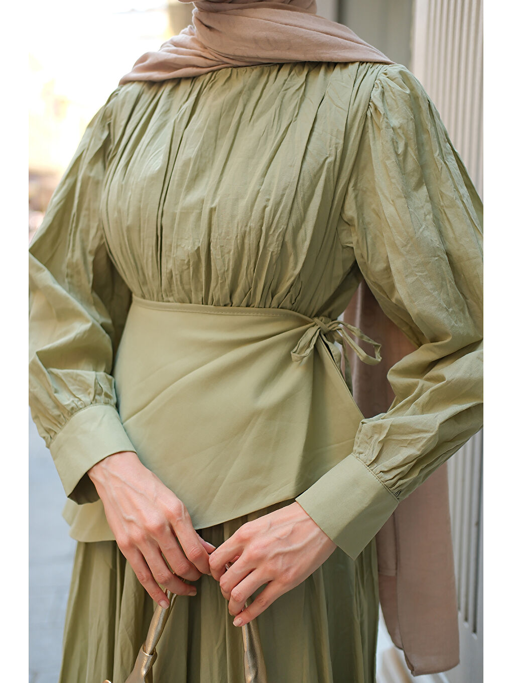 Kadın Kuşaklı Kraş Elbise Küf Yeşil-4