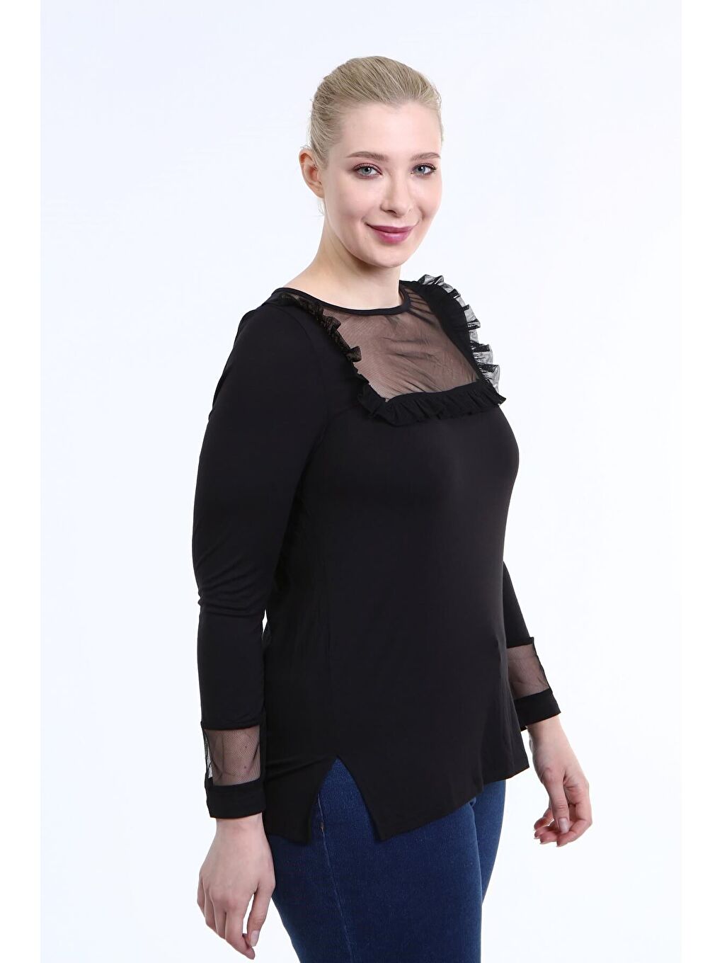 Mylinemoda Siyah Önü ve Kolları Tül Detaylı Bluz - 3