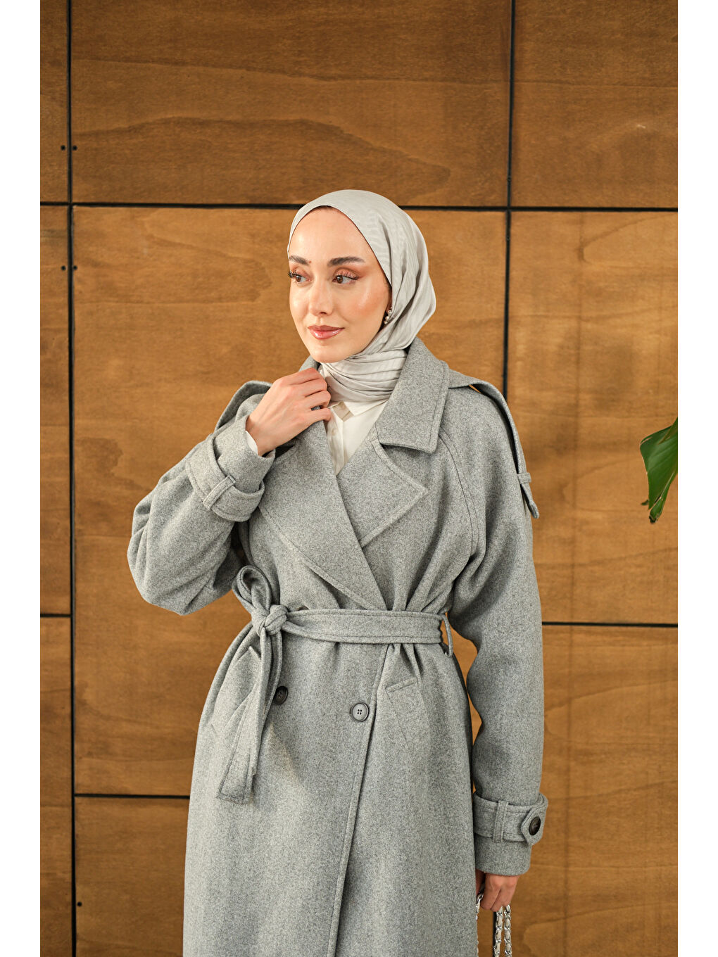Kadın Düğme Detay Bel Bağlamalı Kaban Gri-1