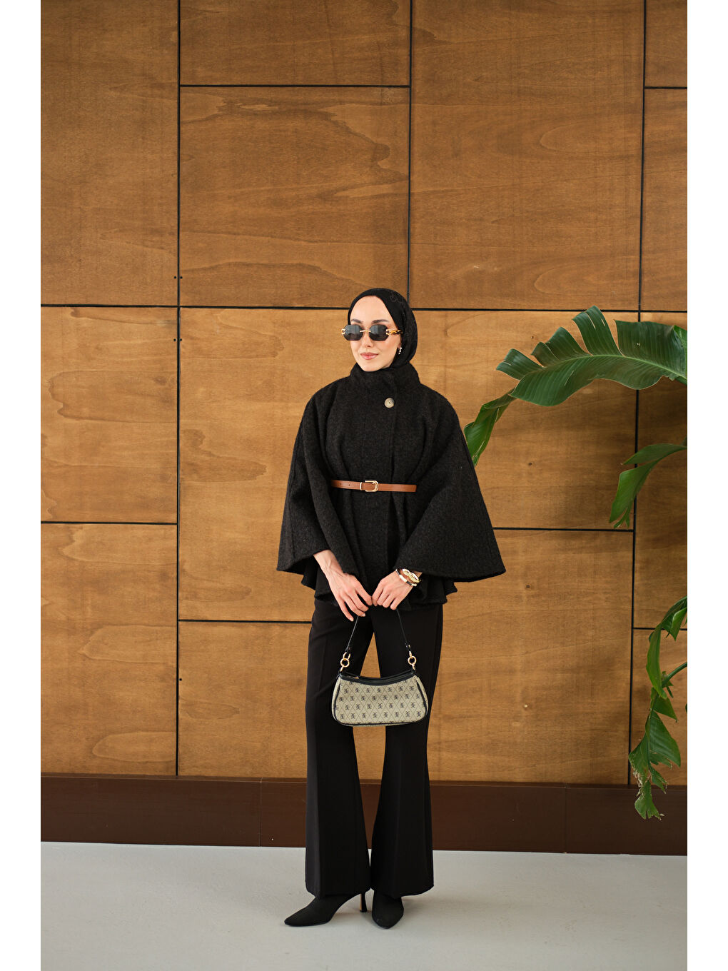 Kadın Kemer Detaylı Panço Siyah-4