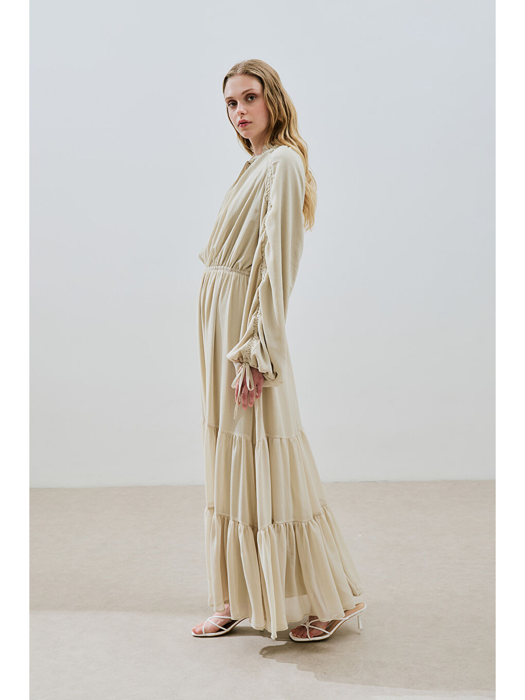 Yeşil Uzun Büzgülü Şifon Elbise Adaçayı-6