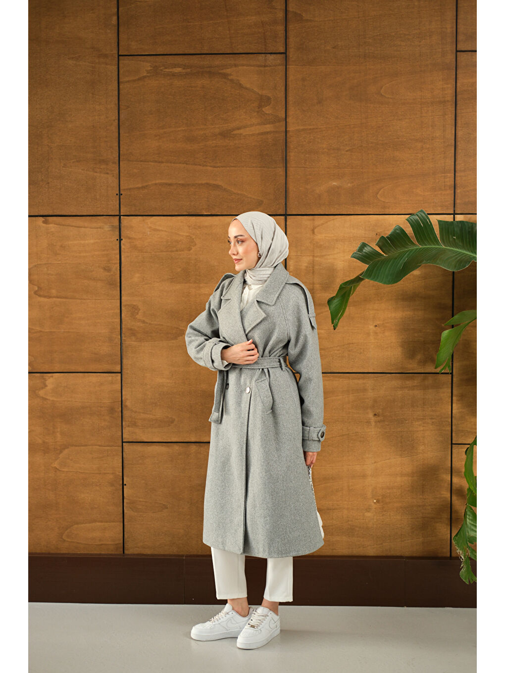 Kadın Düğme Detay Bel Bağlamalı Kaban Gri-2