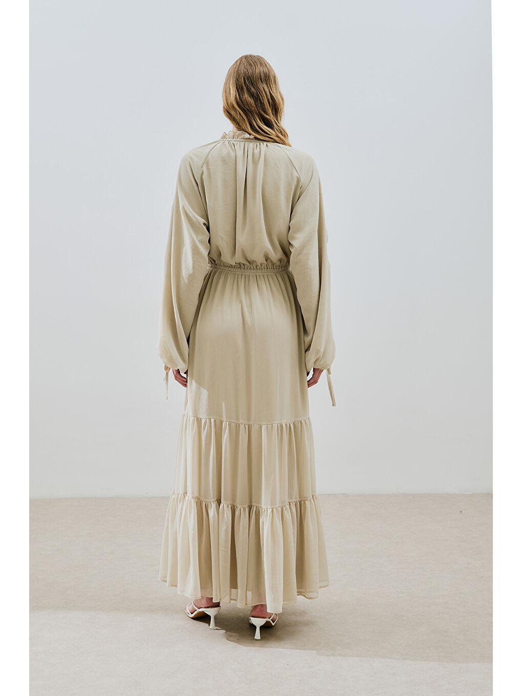 Yeşil Uzun Büzgülü Şifon Elbise Adaçayı-7