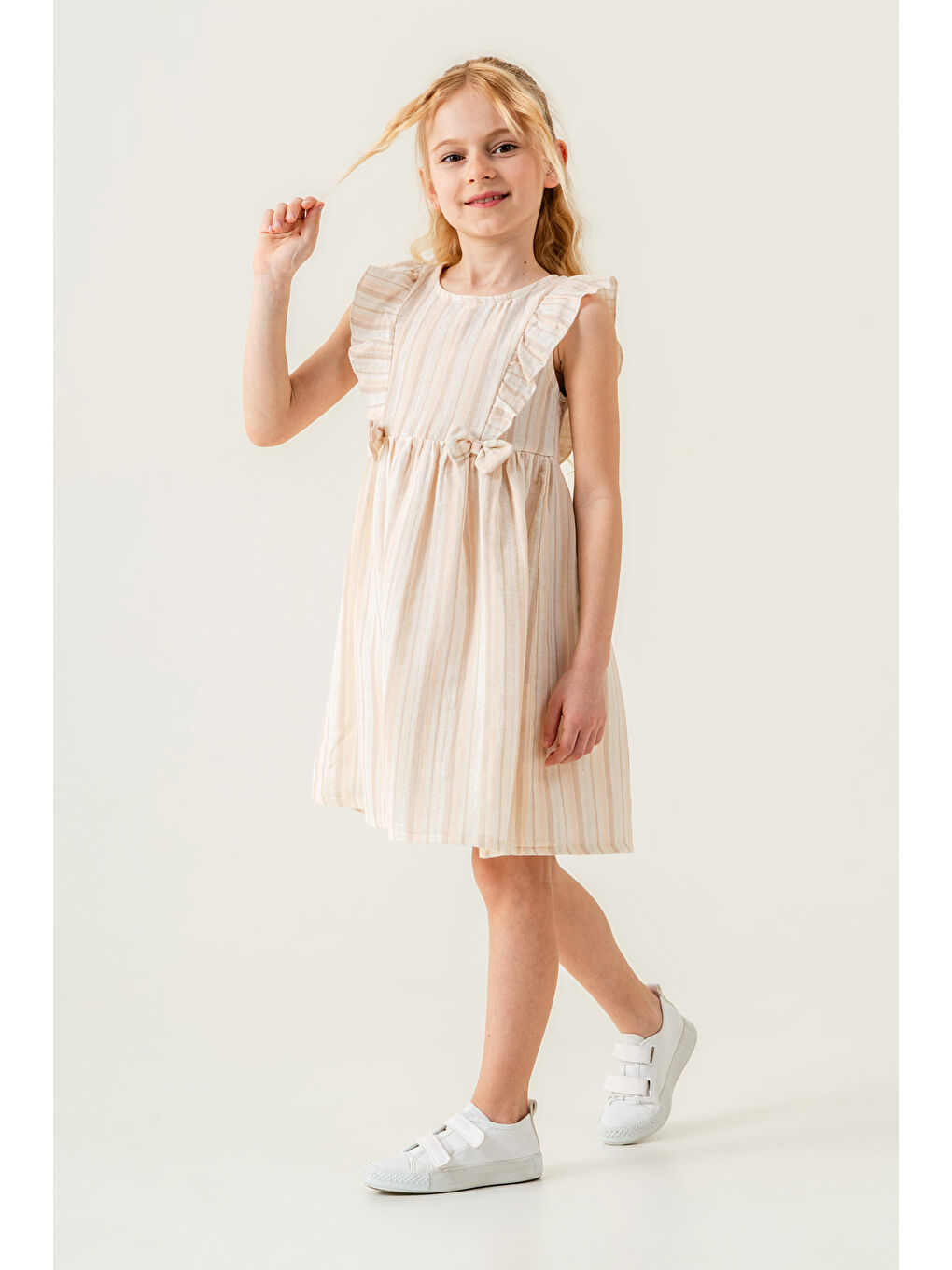 Kız Çocuk Simli Elbise Çizgili 3-7 Yaş Bej 3808-3