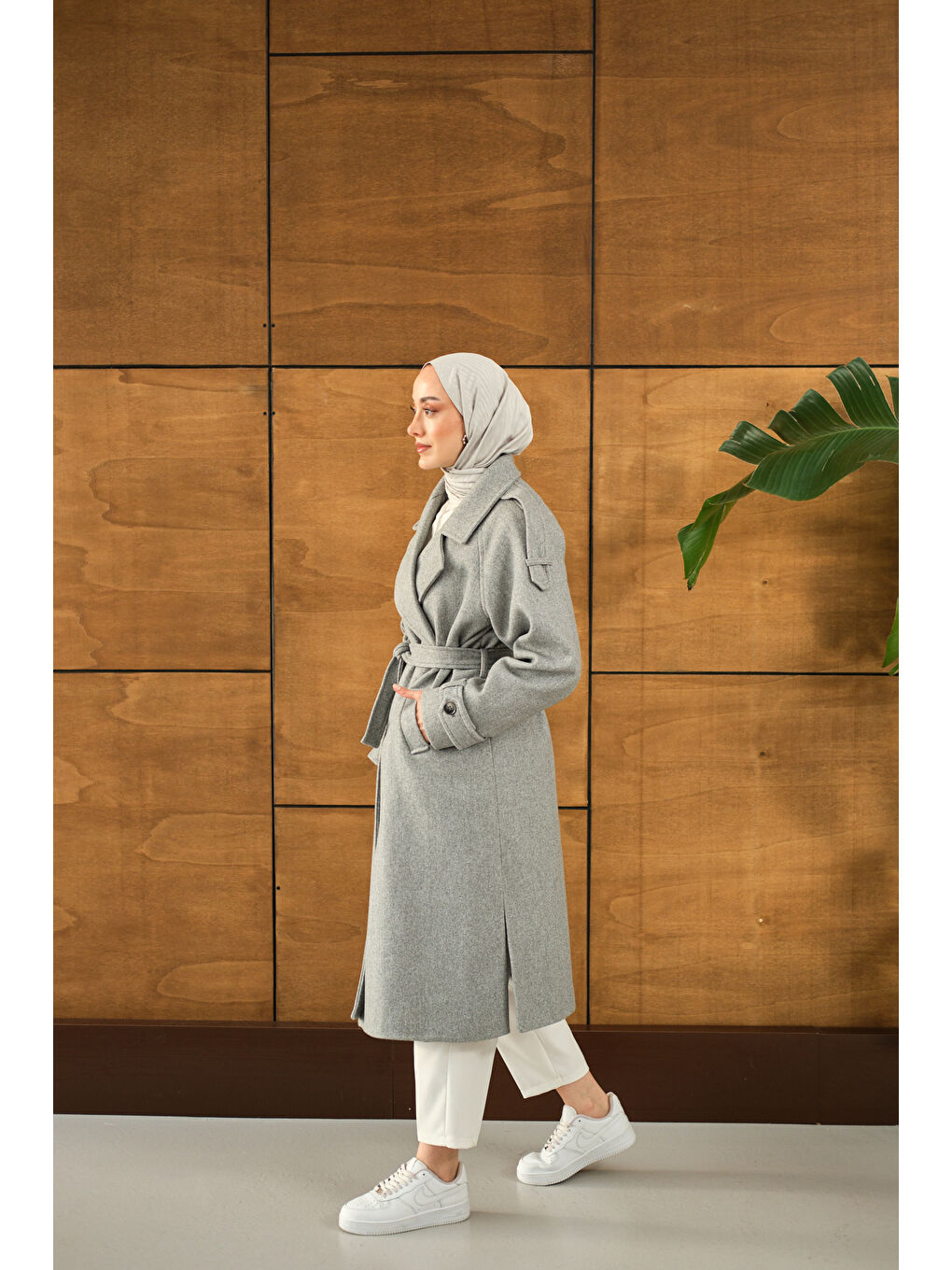 Kadın Düğme Detay Bel Bağlamalı Kaban Gri-3