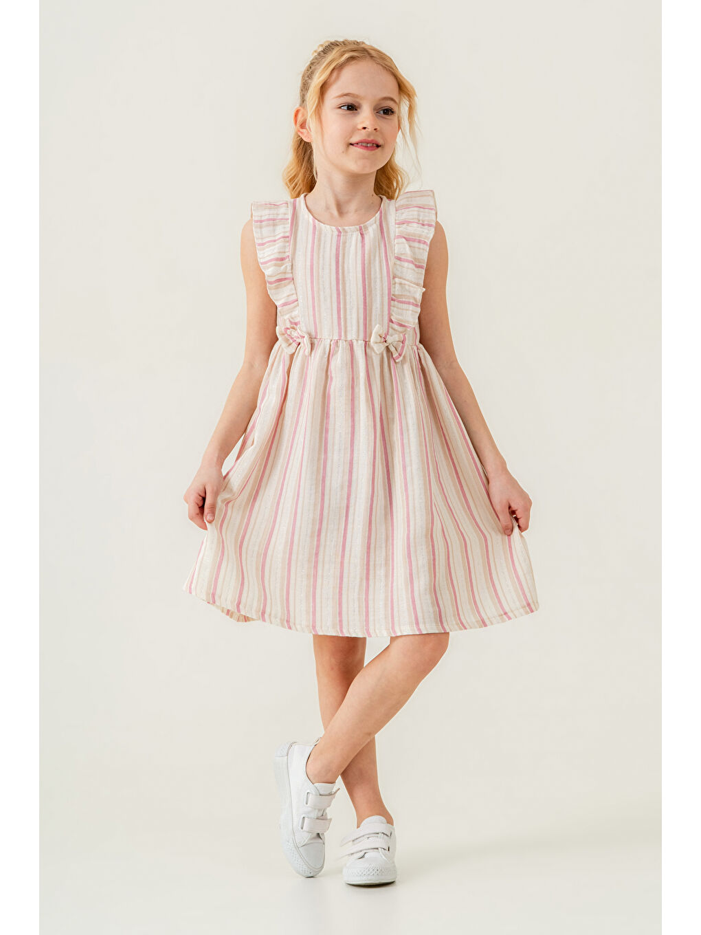 Pembe Kız Çocuk Simli Elbise Çizgili 3-7 Yaş Gül 3808-2