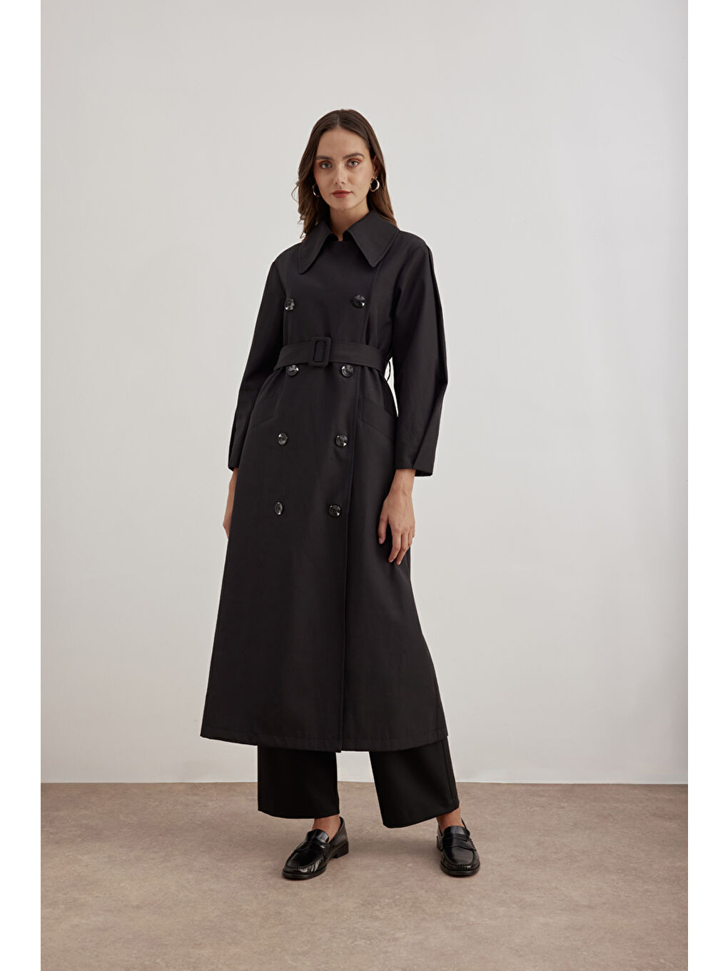 Siyah 7183111 Kemer Detaylı Pardösü-1