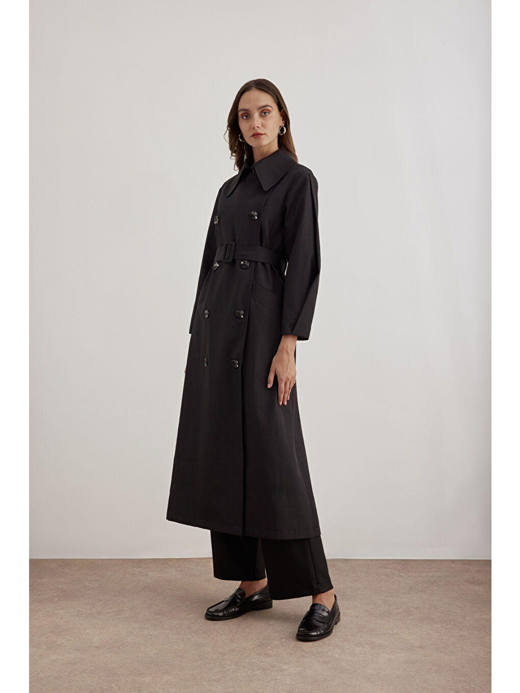 Siyah 7183111 Kemer Detaylı Pardösü-2
