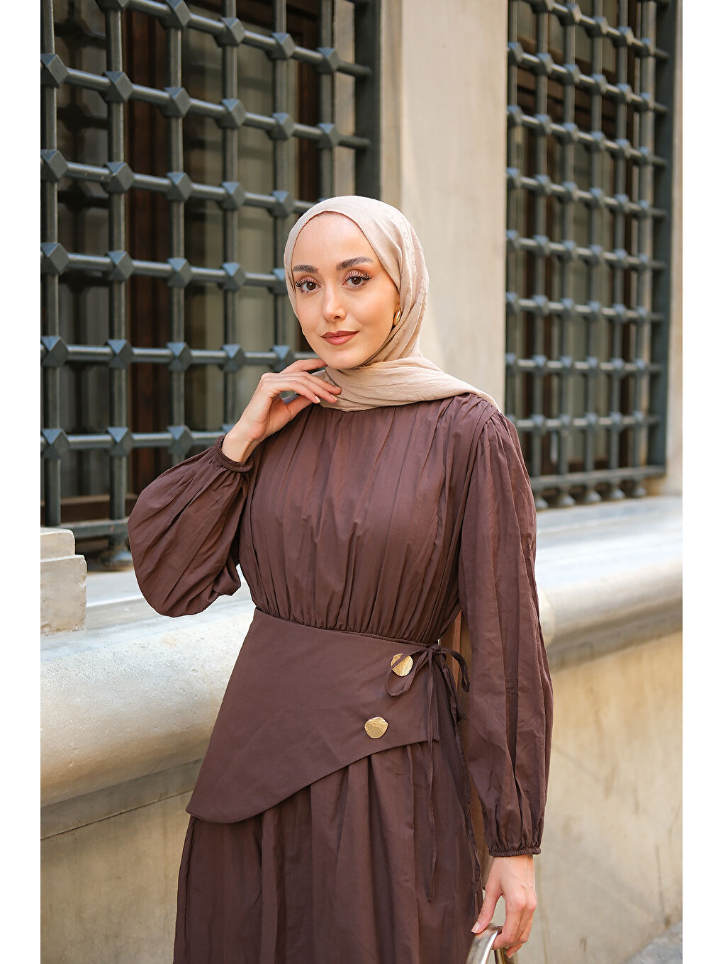 Kadın Kuşaklı Kraş Elbise Kahverengi-1