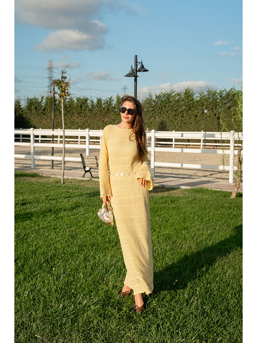 Kadın Ajur Kendinden Desenli Elbise Sarı