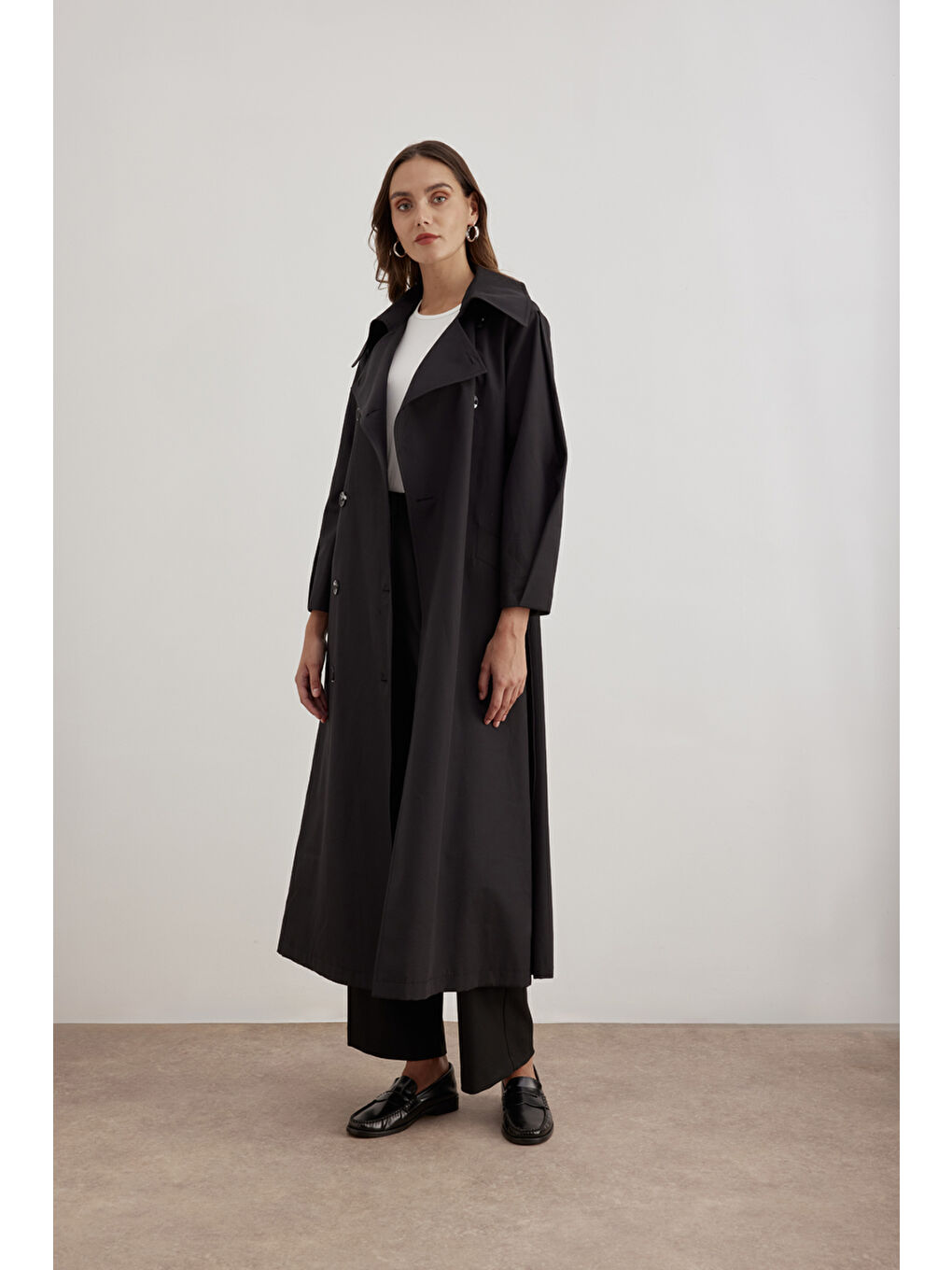 Siyah 7183111 Kemer Detaylı Pardösü-3