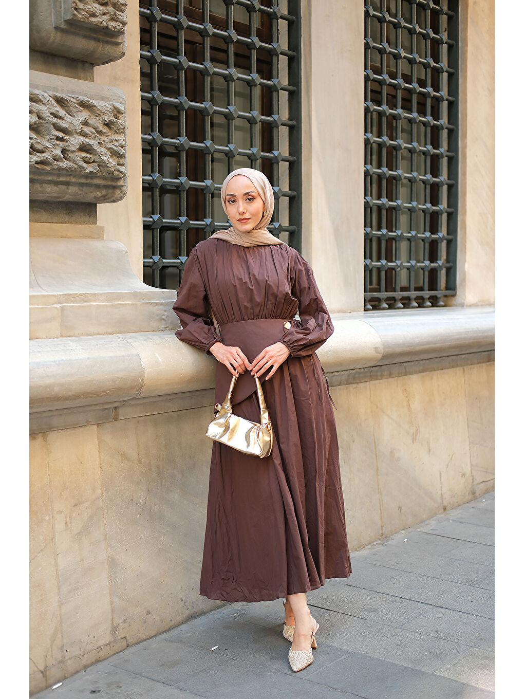 Kadın Kuşaklı Kraş Elbise Kahverengi-2