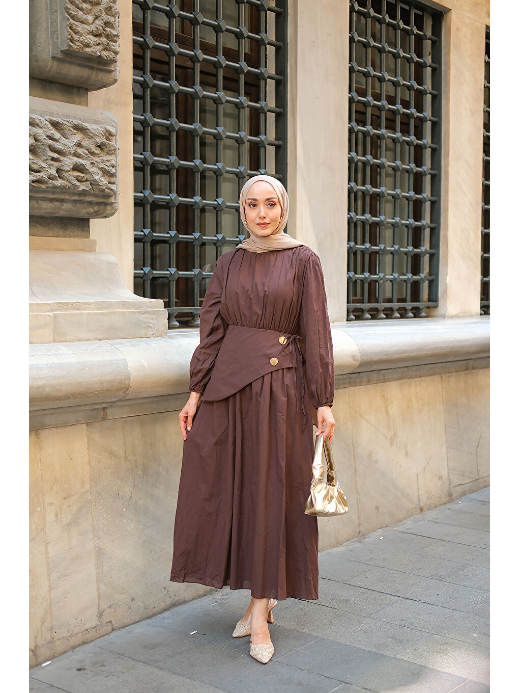 Kadın Kuşaklı Kraş Elbise Kahverengi-3