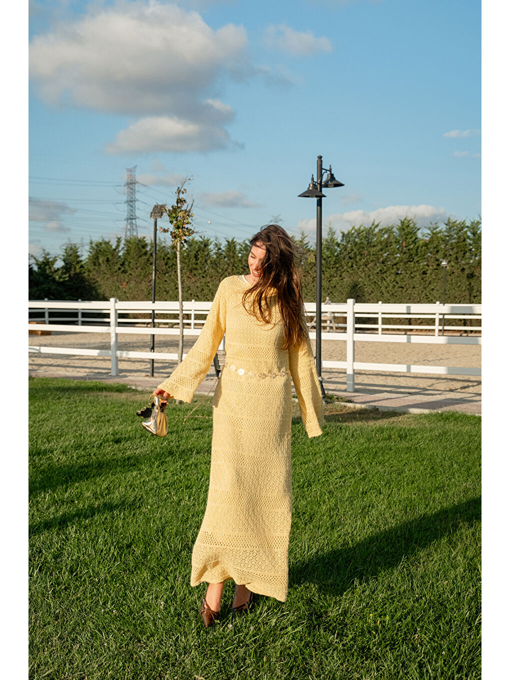 Kadın Ajur Kendinden Desenli Elbise Sarı-1